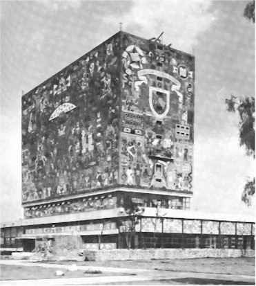 UNAM: Vista exterior de la Bibloteca - Frisos y Murales de O'Gorman